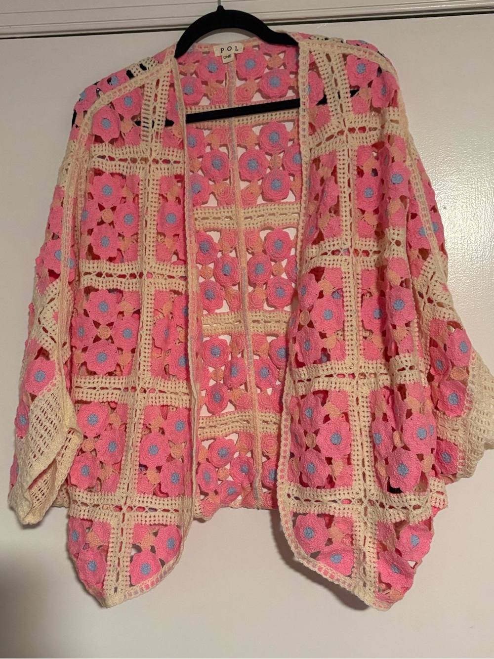 POL Pink Floral Crochet Open-Front Cardigan with Blue Centers